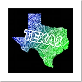 Colorful mandala art map of Texas with text in blue and green Posters and Art